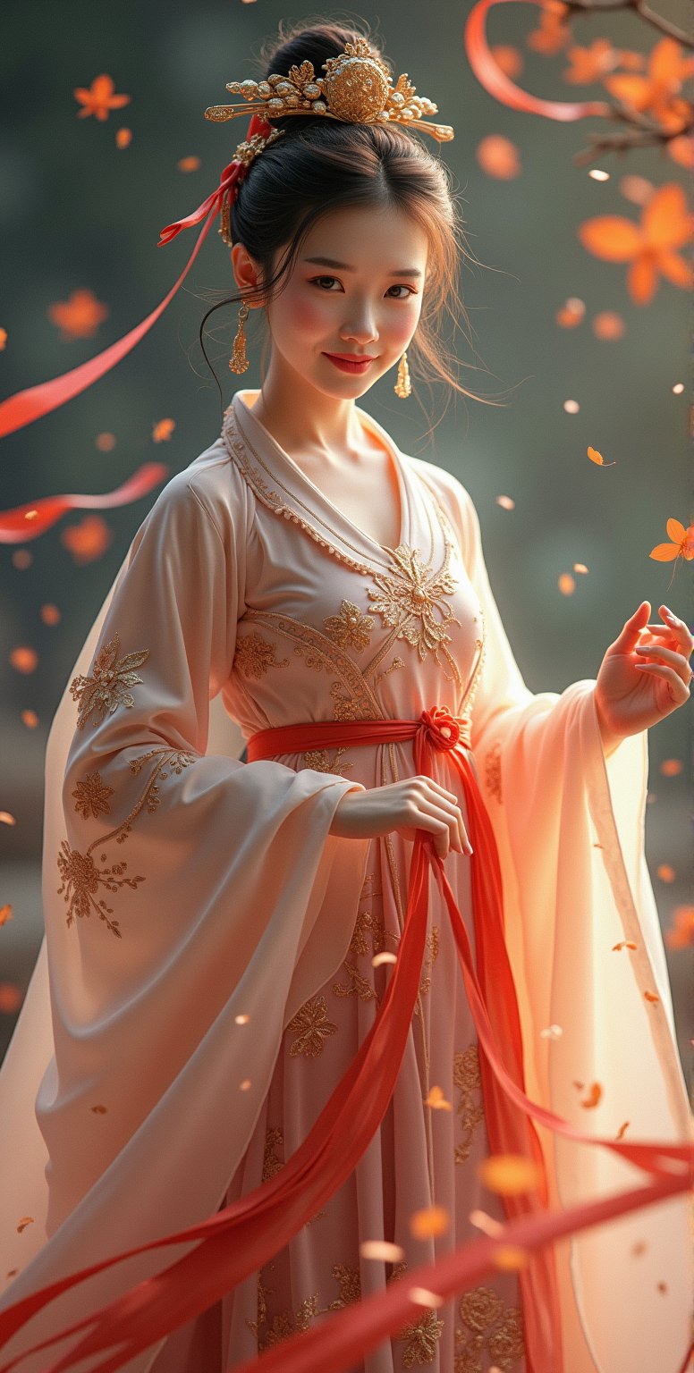 1girl, imagine an ancient Chinese goddess: the goddess Nuwa, wearing a gorgeous and beautiful Han Dynasty dress, and there is a fairy ribbon on her hand. The Hanfu all over her body floats naturally like a magic spell with fairy energy. The clothes she wore were not earthly clothes. They were made of heavenly materials and could not be found on earth. She used magic to make herself levitate in the air. She is very beautiful, even more beautiful than the angels in the West. She is an ancient Chinese goddess. Her face is very beautiful, and even the current Korean supermodels cannot compare to her. The clothes are decorated with intricate Chinese Hunan embroidery, floating gracefully in the air. She looks directly at the viewer with a beautiful smile that makes those who see her feel happy about her. Her clothes exude divine grace and power, and the rich colors and luxurious fabrics symbolize her divine status. As she travels through the void of space, the goddess embodies the timeless beauty and wisdom of the natural world, inspiring awe and reverence in all who see her. Super masterpiece.,wonder beauty