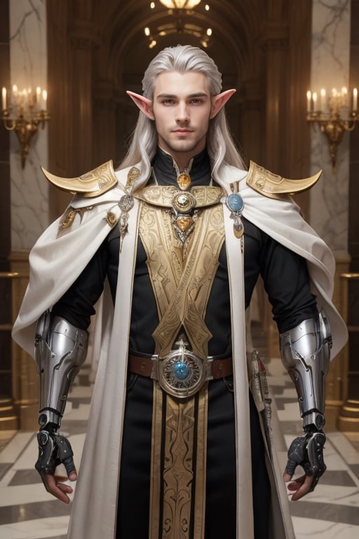 Drawing of a cowboy elf king, royalty, sci fi, cybernetic, in the wild wild west, white and gold royal sci fi outfit, long silver hair, clean shaven, standing in an elegant marble elven palace, handsome, male high elf, 26 years old, elf ear,Mecha body,Realism