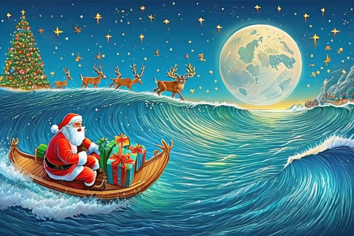 Santa Claus crosses the ocean surfing, the reindeer follow him loaded with gifts, illuminated sea and moon