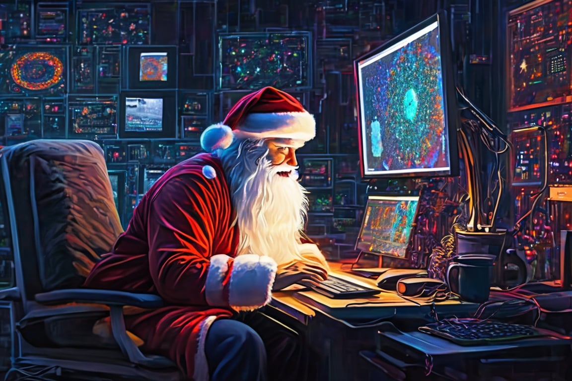 Santa in a darkened room, sitting in front of computer and monitor, creating ai art on stable diffusion xl,Xxmix_Catecat