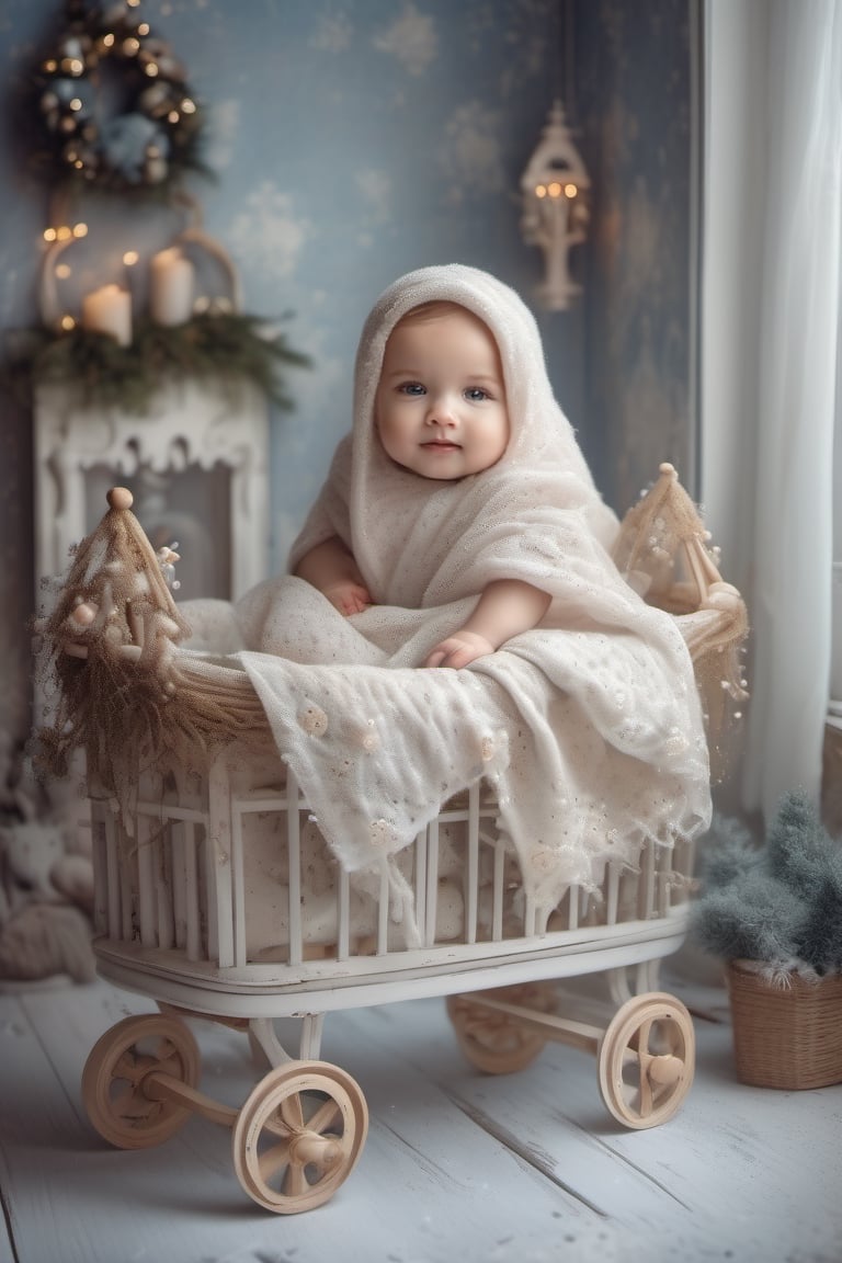 House, villa, romantic, in Shabby Chic style, large windows from which you can see the falling snow, decorations and Christmas trees, beautiful chubby baby in the cradle, with brown eyes, blond hair, covered with a sheet and soft embroidered blanket, blue, smile, regular and perfect faces, perfect crown of flowers on the cradle,
