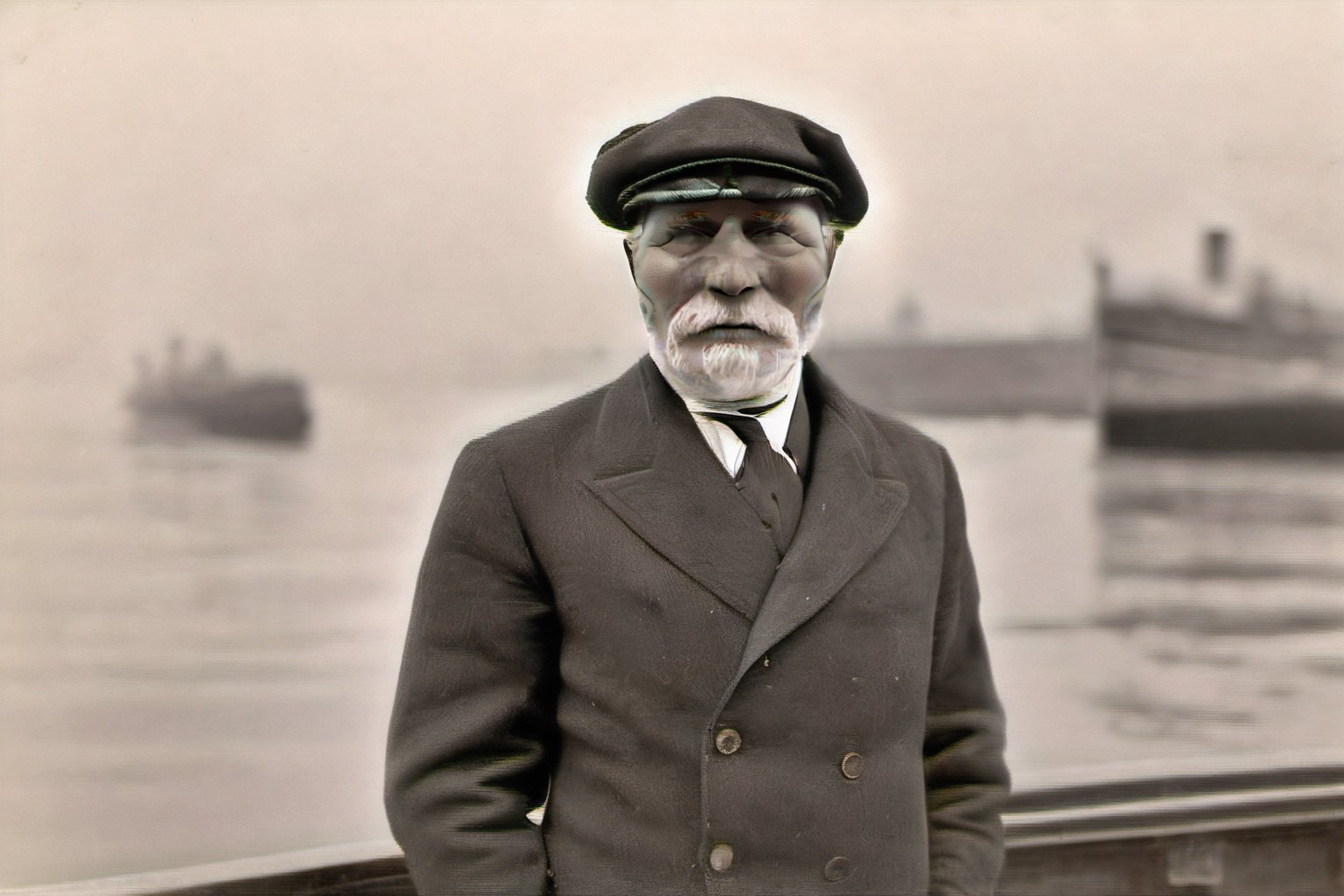 BELLO uomo REALISTICO, OCCHI castani E CAPELLI neri, abito elegante e leggero, in viaggio sul transatlantico TITANIC, cammina sul ponte a braccetto con una galante compagna, uomo bello ed elegante, alto vestito in frak nero, costumi d'epoca, colori Belle époque pesca e soprabito sopra un abito scollato, ritratto fotografico