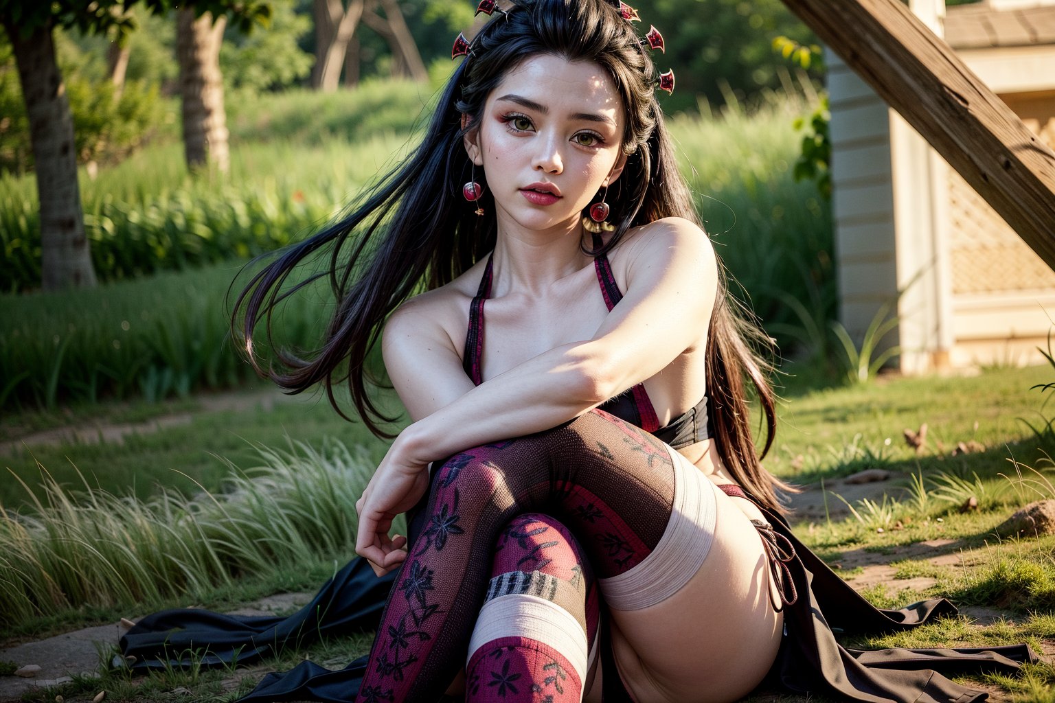 Daki (Kimetsu no Yaiba), (4k), depth of field, (Masterpiece), (realistic skin texture), extremely detailed, intricate, hyper detailed, professional photography, bokeh, high resolution, sharp detail, best quality, woman, perfect sexy pose, (arms crossed), demon woman, demon, long hair white hair, green eyes, symbol-shaped pupils, face markings, hair accessories, bikini, waist sash, thighhighs, forest, tall grass,
