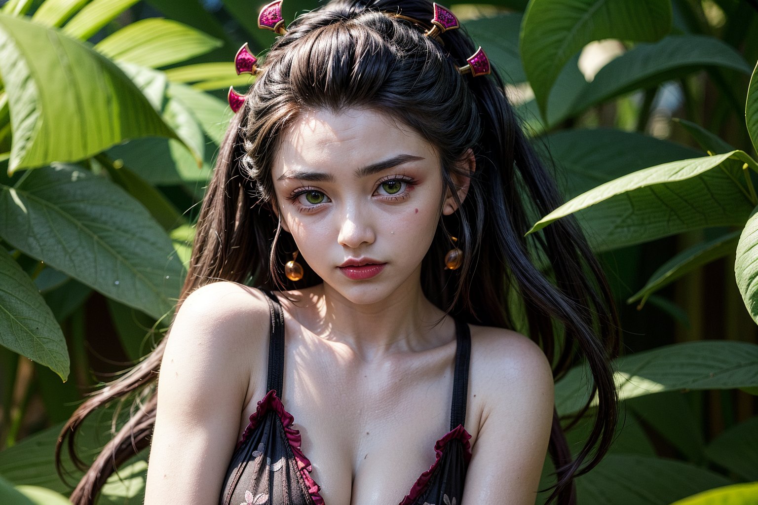 Daki (Kimetsu no Yaiba), (4k), depth of field, (Masterpiece), (realistic skin texture), extremely detailed, intricate, hyper detailed, professional photography, bokeh, high resolution, sharp detail, best quality, woman, perfect sexy pose, (arms crossed), demon woman, demon, long hair white hair, green eyes, symbol-shaped pupils, face markings, hair accessories, bikini, waist sash, thighhighs, forest, tall grass,
