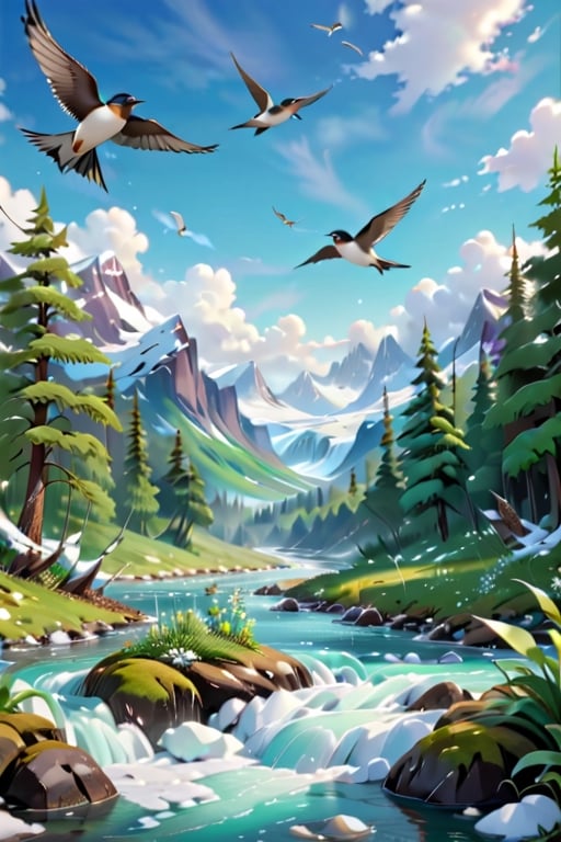 Forests, rivers, ice floes, melting snow,
green leaves, swallows, birds
Beautiful sky, beautiful color palette,
Close up shot, 3D cartoon style