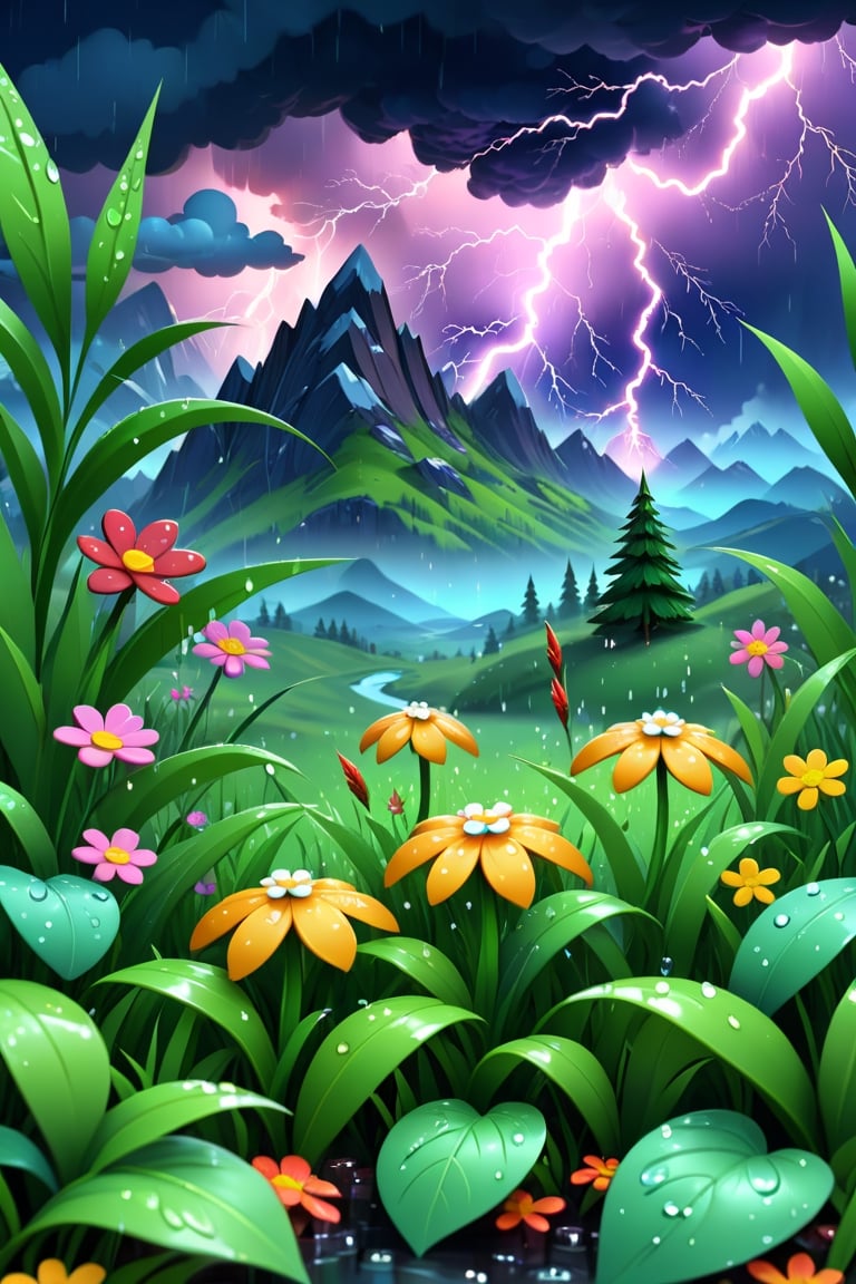 In a 3D cartoon style, cute cartoon 
Outdoor scenes on rainy days,
Sky, lightning, distant mountains,
There are dew on the leaves,
Grassland, dew, flowers