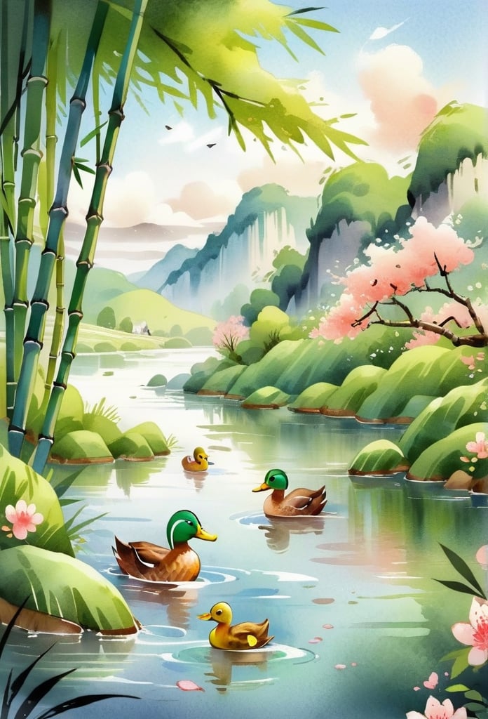 peach blossom, bamboo
((Duck)) swimming in the river
spring scenery
Chinese watercolor style,
watercolour,shuimobysim,watercolor,shuicaixiaodian,mythical clouds