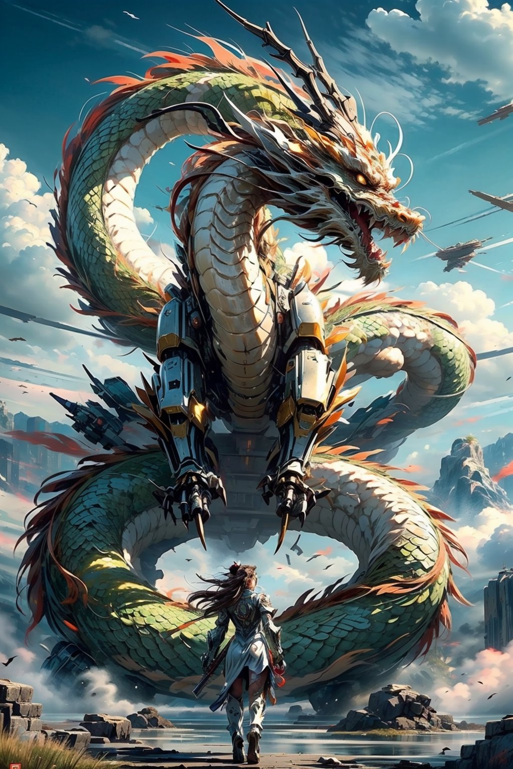 Best quality,masterpiece,ultra high res,nu no humans, (long:1.2), 1girl, solo, weapon, sword, long hair, science fiction, ponytail, armor, brown hair, holding, ((Mecha Chinese dragon)), holding weapon, cyberpunk, holding sword, walking, black hair, standing, lips, solo,dragon,cloud, sky, open mouth, horns, fangs, outdoors, mountain, scales, eastern dragon, sharp teeth, cloudy sky, day, teeth, flying, fire,mecha