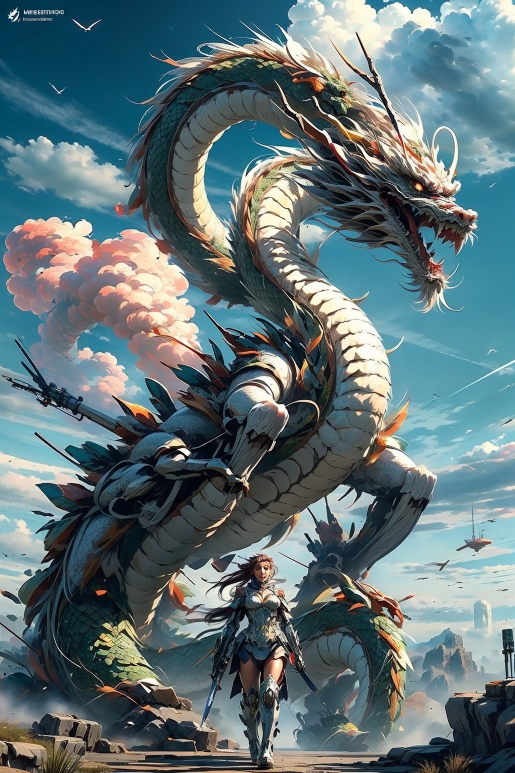 Best quality,masterpiece,ultra high res,nu no humans, (long:1.2), 1girl, solo, weapon, sword, long hair, science fiction, ponytail, armor, brown hair, holding, ((Mecha Chinese dragon)), holding weapon, cyberpunk, holding sword, walking, black hair, standing, lips, solo,dragon,cloud, sky, open mouth, horns, fangs, outdoors, mountain, scales, eastern dragon, sharp teeth, cloudy sky, day, teeth, flying, fire,mecha