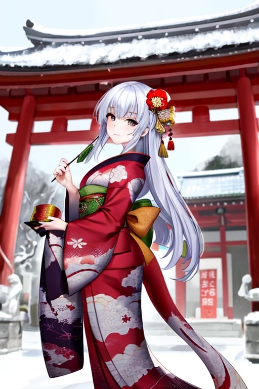 absurdres, highres,
BREAK
girl and dragon descended on the shrine, wearing kimono, New Year's Greetings,looking at viewer
