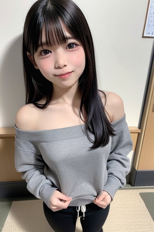 A masterpiece of a 6-year-old Japanese girl in a kindergarten, Very detailed, Full-body portrait, Standing with a slight smile, Wearing long pants and a cute off-the-shoulder knit sweatshirt, Black long hair, Symmetrical face, Realistic features, Big bright eyes with double eyelid, Innocent and curious expression, Soft and natural lighting, Gray background, Semi-backlit, Age 6.