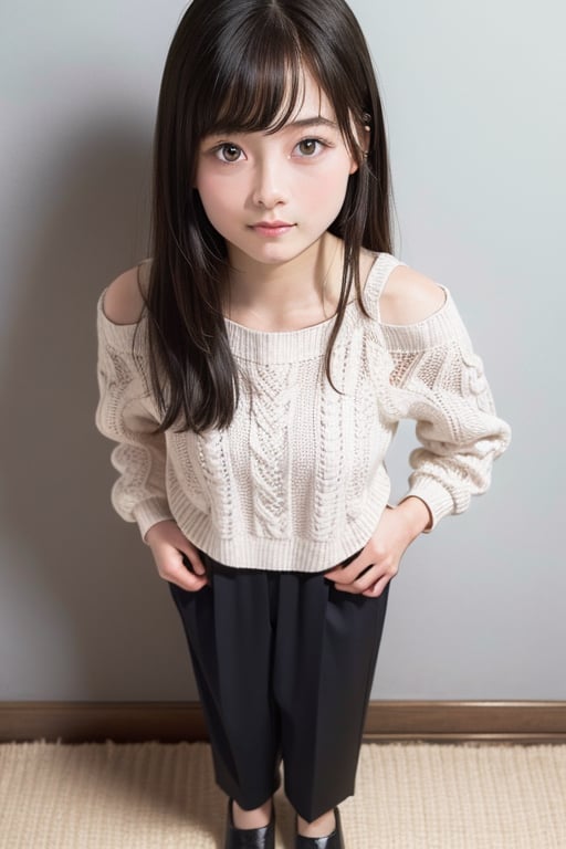 A masterpiece of a 6-year-old Japanese girl in a kindergarten, Very detailed, Full-body portrait, Standing with a slight smile, Wearing long pants and a cute off-the-shoulder knit sweatshirt, Black long hair, Symmetrical face, Realistic features, Big bright eyes with double eyelid, Innocent and curious expression, Soft and natural lighting, Gray background, Semi-backlit, Age 6.