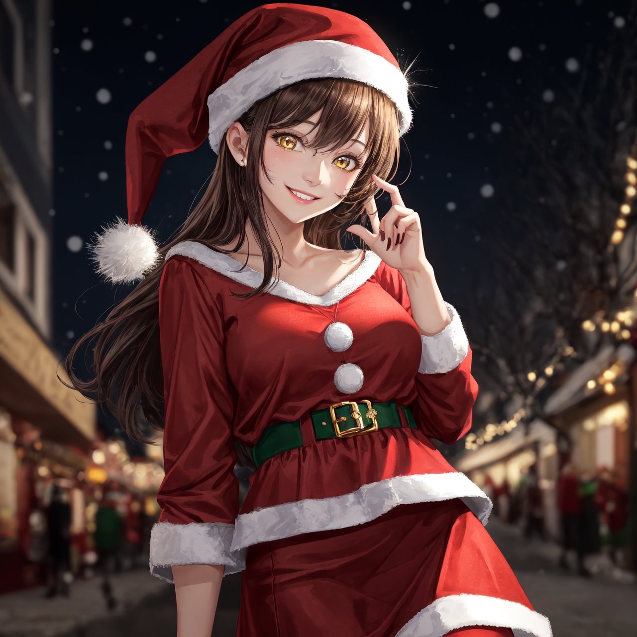 Best quality  HD, 8K, cute girl , age 20 , detailed face, fair skin, smiling, yellow eyes, charming eyes, wearing Christmas costume, in red skirt, background christmas, 8k quality, eye catching, attractive, christmas box, hd quality, camera shot