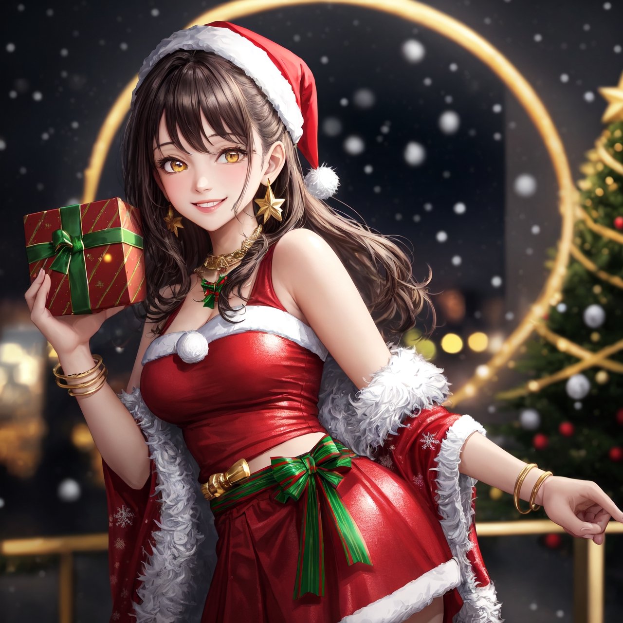 Best quality  HD, 8K, cute girl , age 20 , detailed face, fair skin, smiling, yellow eyes, charming eyes, golden bangles, earings,wearing Christmas costume, in red skirt, background christmas, 8k quality, eye catching, attractive, christmas box, hd quality, camera shot