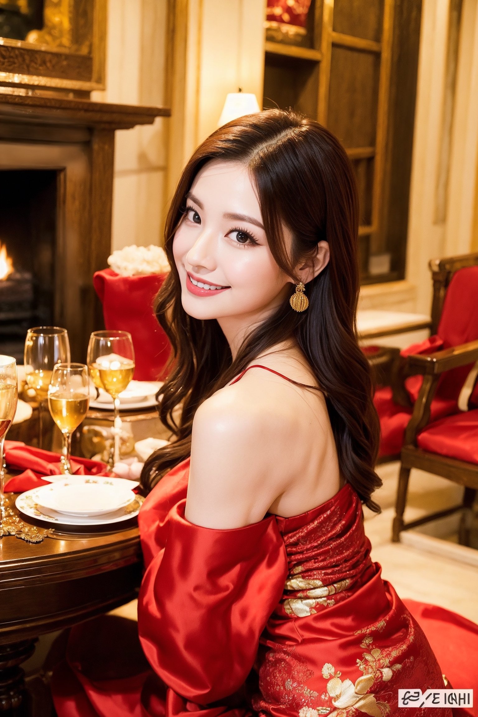 A family gathers around the fireplace, dressed in traditional Chinese attire, wearing vibrant red clothing. They sit around a large round table, enjoying a festive meal. The family consists of a mother, a father, and three sisters. They come together to celebrate the New Year, exchanging greetings and sharing joyful moments. The living room is beautifully decorated, with a cozy fireplace as the centerpiece.

In the midst of the gathering, a slender model enters the scene. She showcases her long hair and a striking face in a form-fitting, low-cut red dress. Her infectious smile adds to the lively atmosphere. The family and the model raise their glasses in a toast, creating a joyous ambiance. The New Year decorations frame the scene, captured from a wide-angle lens, giving a real and authentic feel to the photographs. The model's height adds to her elegance and presence in the moment.

-- 通過 NexBot AI 生成 --