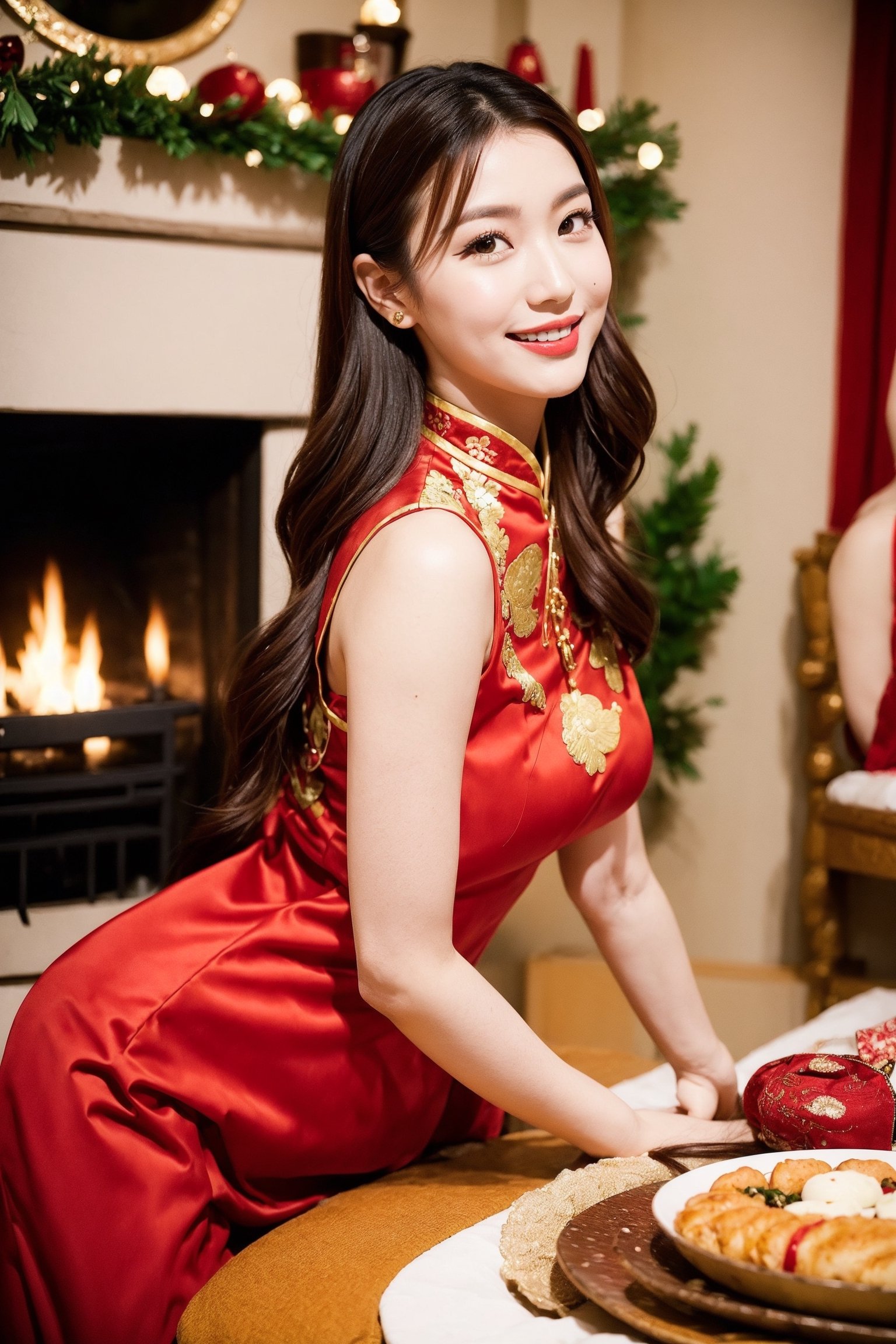 A family gathers around the fireplace, dressed in traditional Chinese attire, wearing vibrant red clothing. They sit around a large round table, enjoying a festive meal. The family consists of a mother, a father, and three sisters. They come together to celebrate the New Year, exchanging greetings and sharing joyful moments. The living room is beautifully decorated, with a cozy fireplace as the centerpiece.

In the midst of the gathering, a slender model enters the scene. She showcases her long hair and a striking face in a form-fitting, low-cut red dress. Her infectious smile adds to the lively atmosphere. The family and the model raise their glasses in a toast, creating a joyous ambiance. The New Year decorations frame the scene, captured from a wide-angle lens, giving a real and authentic feel to the photographs. The model's height adds to her elegance and presence in the moment.

-- 通過 NexBot AI 生成 --