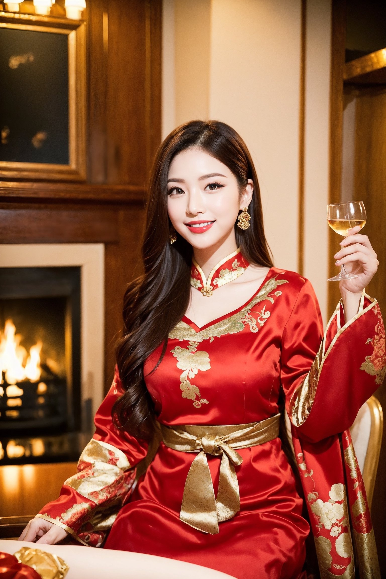 A family gathers around the fireplace, dressed in traditional Chinese attire, wearing vibrant red clothing. They sit around a large round table, enjoying a festive meal. The family consists of a mother, a father, and three sisters. They come together to celebrate the New Year, exchanging greetings and sharing joyful moments. The living room is beautifully decorated, with a cozy fireplace as the centerpiece.

In the midst of the gathering, a slender model enters the scene. She showcases her long hair and a striking face in a form-fitting, low-cut red dress. Her infectious smile adds to the lively atmosphere. The family and the model raise their glasses in a toast, creating a joyous ambiance. The New Year decorations frame the scene, captured from a wide-angle lens, giving a real and authentic feel to the photographs. The model's height adds to her elegance and presence in the moment.

-- 通過 NexBot AI 生成 --