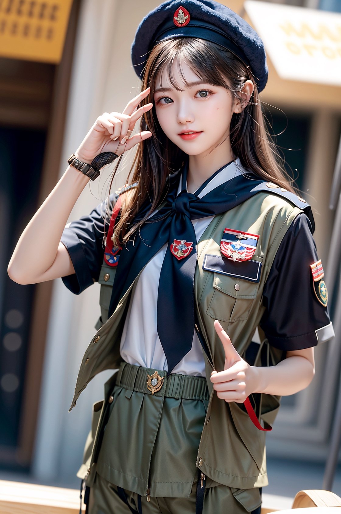 When the camera focuses on this 22-year-old woman, what we see is a very representative Boy Scout. She is as slender as a model, with a charming smile like Lin Chiling's, but her eyes contain determination and perseverance. She wore green Scout trousers, a khaki short-sleeved Scout uniform, and a Scout hat, showing off her overall style. The wooden badge on the brooch proves her important position in the Scout organization of the Republic of China, and the wooden badge scarf symbolizes the special role she plays. She held the Boy Scout stick tightly in one hand and made the standard three-finger salute of the Boy Scouts with the other hand, showing her loyalty to the Scout ideals. This day happens to be March 5th, and people celebrate Scouting Day all over the world. Her costume also features the Baden-Powell badge, which is a tribute to the founding place of the global Scout movement. Her full-body panoramic photo is undoubtedly an excellent visual letter, showing the spirit of the Scout organization of the Republic of China. Beauty, determination and loyalty are all fully reflected in this young woman.