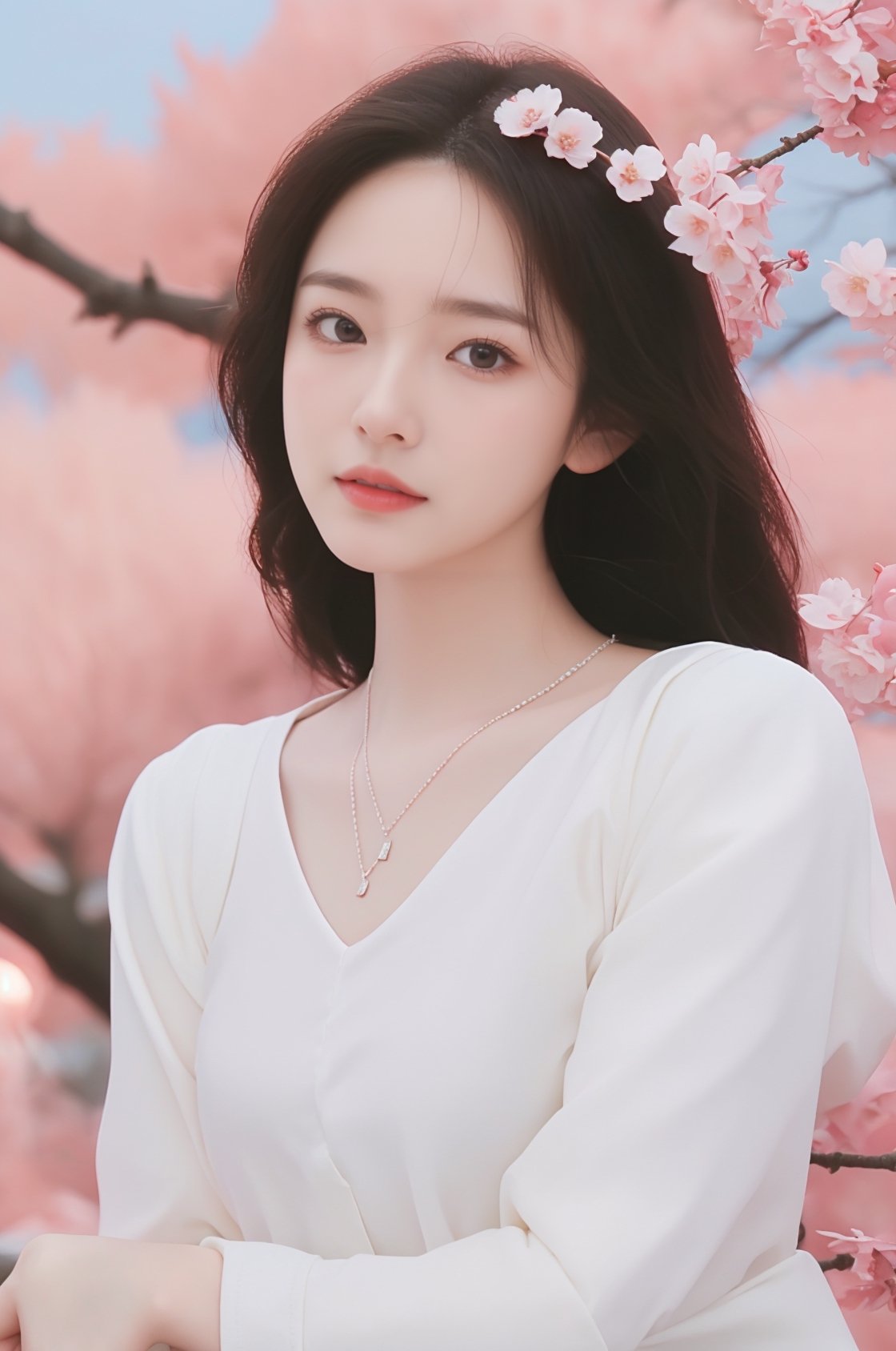 A Taiwanese beauty wears a white gauze long ribbon dress made of glass. This dress imitates snowflakes. She has a slightly plump upper body. She stands barefoot among the spring cherry blossoms. Her whole body is covered with cherry blossom petals, cherry blossom pendants, and cherry blossom hair accessories. Sakura necklace, the wall behind is a portrait of her with a light pencil sketch, clear skin, the light illuminates her body shape, delicate details, 8K