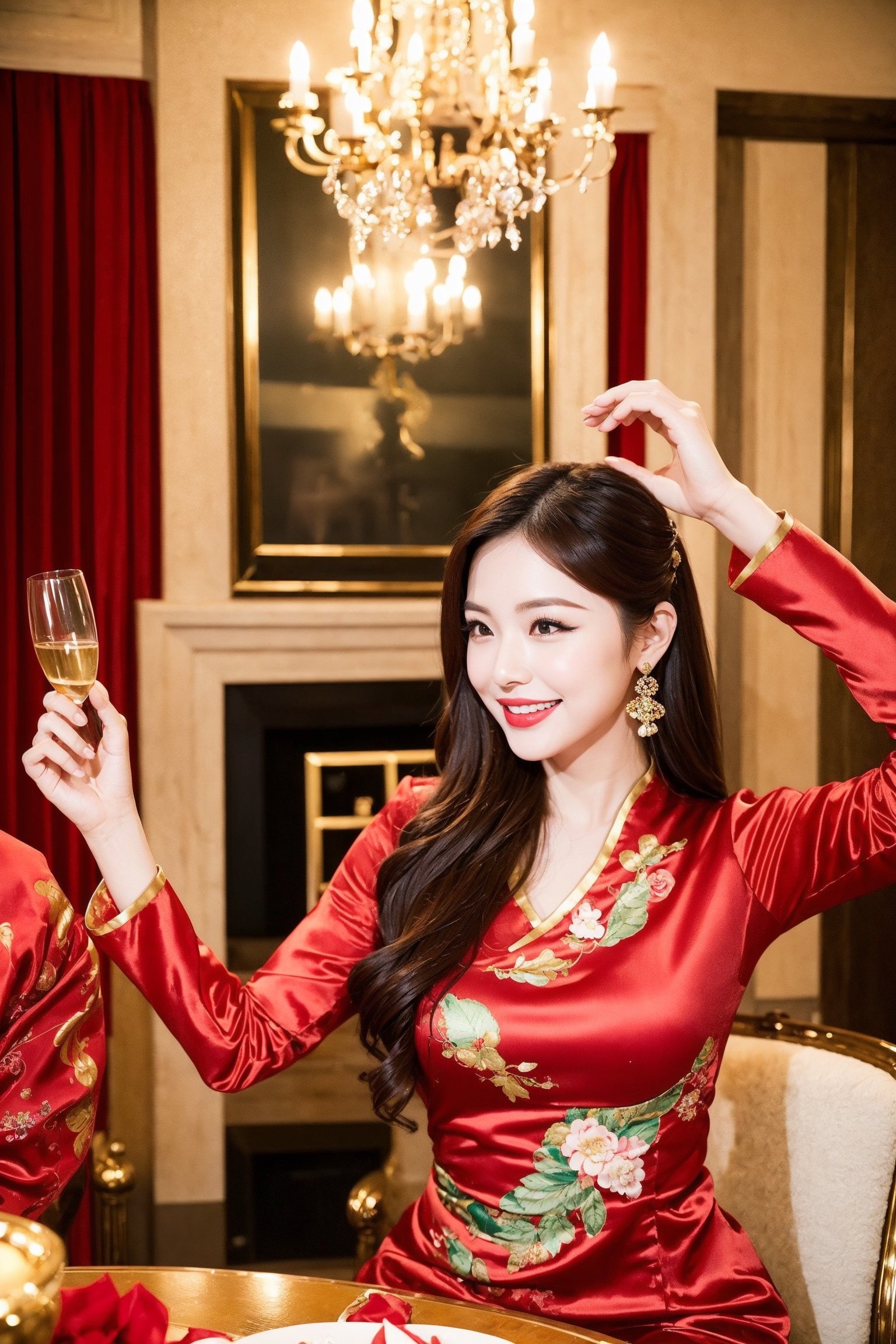 A family gathers around the fireplace, dressed in traditional Chinese attire, wearing vibrant red clothing. They sit around a large round table, enjoying a festive meal. The family consists of a mother, a father, and three sisters. They come together to celebrate the New Year, exchanging greetings and sharing joyful moments. The living room is beautifully decorated, with a cozy fireplace as the centerpiece.

In the midst of the gathering, a slender model enters the scene. She showcases her long hair and a striking face in a form-fitting, low-cut red dress. Her infectious smile adds to the lively atmosphere. The family and the model raise their glasses in a toast, creating a joyous ambiance. The New Year decorations frame the scene, captured from a wide-angle lens, giving a real and authentic feel to the photographs. The model's height adds to her elegance and presence in the moment.

-- 通過 NexBot AI 生成 --