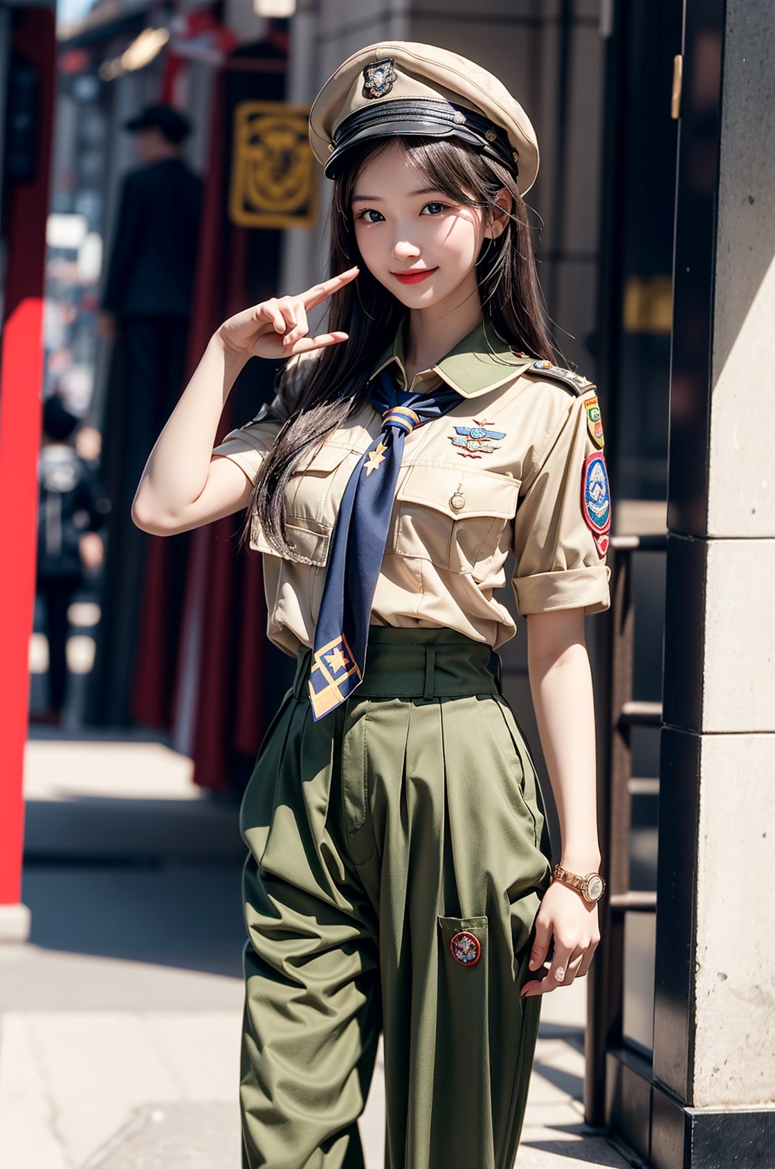 When the camera focuses on this 22-year-old woman, what we see is a very representative Boy Scout. She is as slender as a model, with a charming smile like Lin Chiling's, but her eyes contain determination and perseverance. She wore green Scout trousers, a khaki short-sleeved Scout uniform, and a Scout hat, showing off her overall style. The wooden badge on the brooch proves her important position in the Scout organization of the Republic of China, and the wooden badge scarf symbolizes the special role she plays. She held the Boy Scout stick tightly in one hand and made the standard three-finger salute of the Boy Scouts with the other hand, showing her loyalty to the Scout ideals. This day happens to be March 5th, and people celebrate Scouting Day all over the world. Her costume also features the Baden-Powell badge, which is a tribute to the founding place of the global Scout movement. Her full-body panoramic photo is undoubtedly an excellent visual letter, showing the spirit of the Scout organization of the Republic of China. Beauty, determination and loyalty are all fully reflected in this young woman.