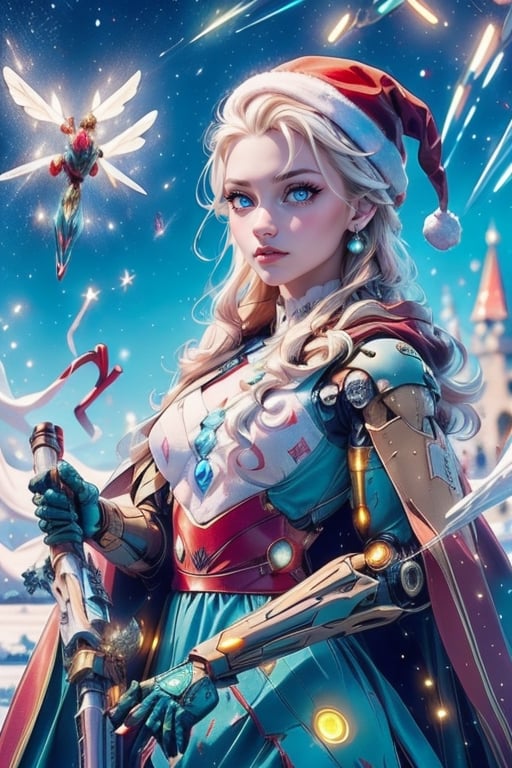 Elsa,a girl, with a golden braids hair,blue eyes, black pupils,(light blue Mecha body）, (white pattern), green and red led , red mechanic Xmas hat, white cloak，Xmas weapons,fearless,confidence,((cowboy shot:1.2)), aurora in the sky,(ice crystals castle), details face,detail eyes,firefliesfireflies