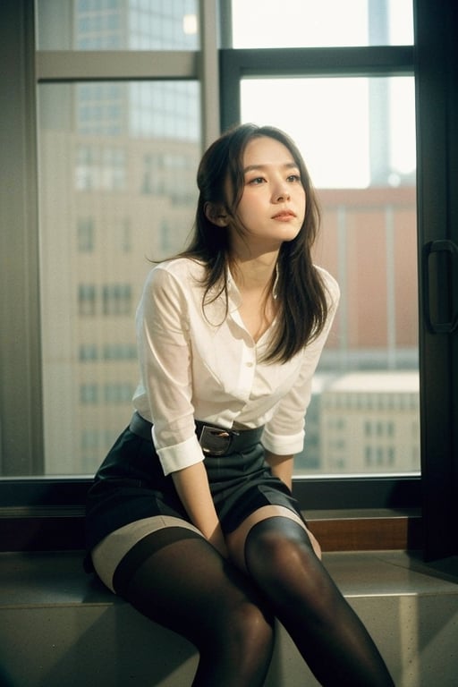 SDS_girl,naver fanpop,streaming on twitch,solo,blouse, short pencil_skirt, blak Pantyhose, LOGO belts, indoor,in the meetting,sitting KODAK Ektar 100,(Film grain:1.2),light particles,wind,sunshine,film girl,natural light,Ambient Light,,filmgirl,dream_girl,filmgirls, look around,film grain,llazy afternoon,thinking 