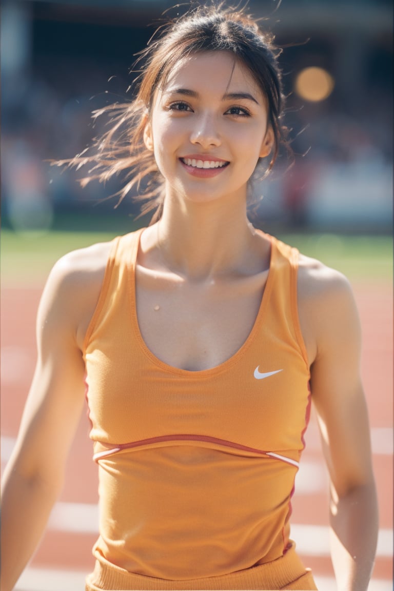 background is stadium,16 yo,beautiful girl,track and field athlete,hair_past_waist,slim body, black hair,wearing very tight athlete's sportswear, medium breasts,uniform number,she is racing, focus eyes, looking to the side, Best Quality, 8k, photorealistic, ultra-detailed, finely detailed, high resolution, perfect dynamic composition, beautiful detailed eyes, sharp-focus, upper body shot,goosebumps:0.8,sunshine, hair floating,smile, wet body,,black eyes,