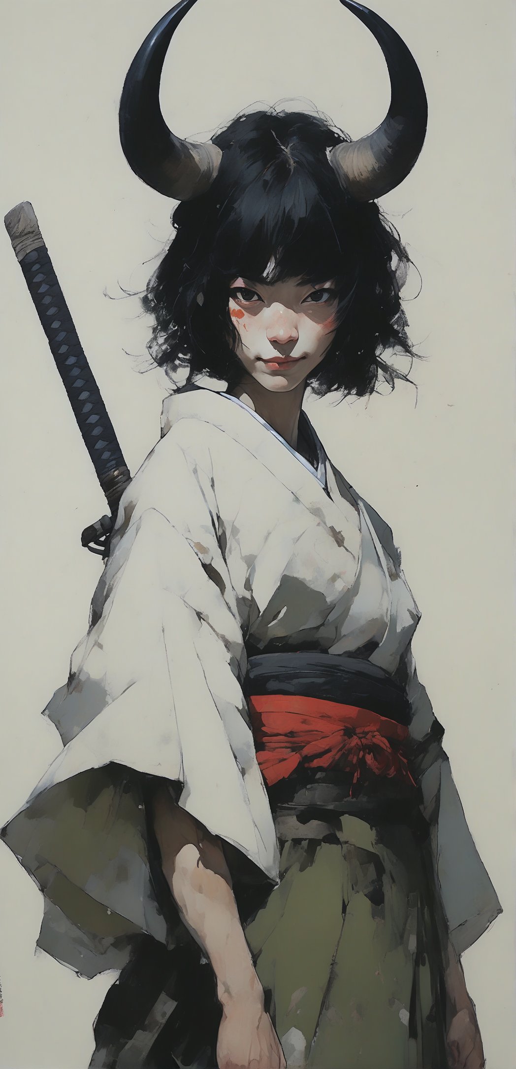 (full body portrait of a Japanese strong ronin in the style of Conrad Roset, Nicola Samori), smile:0.8, short black hair, (cow horn:1.3 ), (white kimono:1.3), (khaki color , Botanical Patterns:1.3), more detail XL, cowboy shot,look at viewer