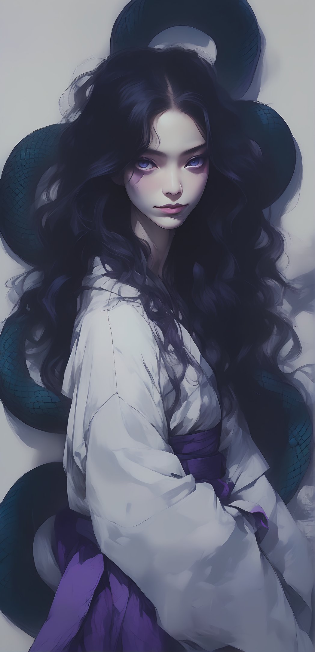 (full body portrait of a Japanese innocent woman in the style of Conrad Roset, Nicola Samori),  evil Smile, (shiny long hair), (heterochromia:1 ), (pure white kimono:1.3), (purple color ,  scales print:1.3),snake scarf:1 ,shadow like snakes,more detail XL, Snake Jewelry, The serpent is wrapped around his body.sitting:1.2,moonlight