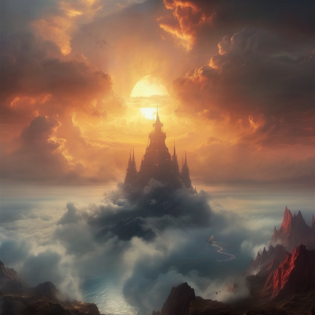 Aivazovsky style fantasy landscape, sun rises between the horns of colossal demon in clouds world, complex ultradetalization, 4k, high resolution, high detail