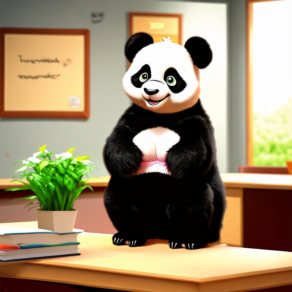 In a classroom beautiful happy panda teacher take lesson for little frogs, rhinestones bra, highly detailed, realistic, cinematic