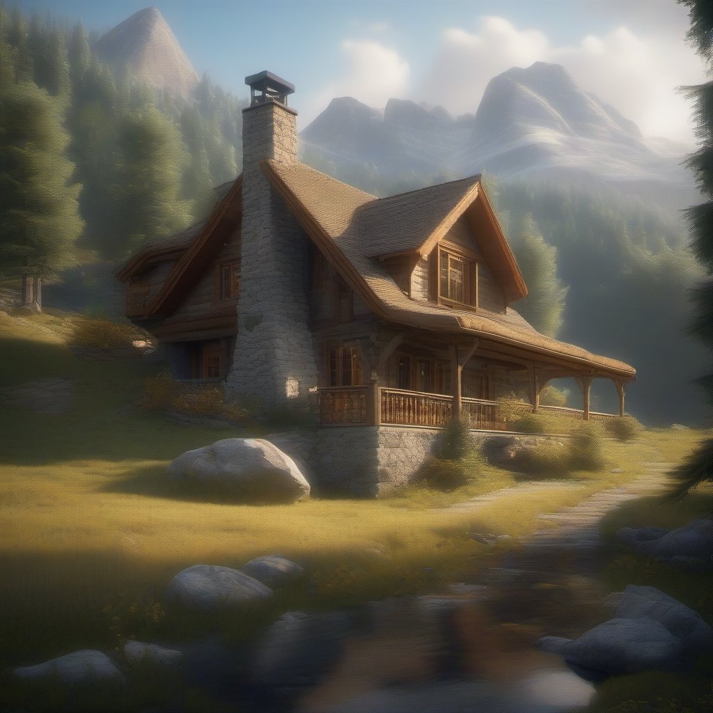 A house nestled in the woods in the mountains, bathed in natural light. The house is constructed from wood and stone, with rustic elements such as wooden beams and stone chimneys. Tall trees surround the house, and in the background, majestic mountains loom. The mood of the scene is tranquil and idyllic, with accents of nature and wild beauty. The sky is clear and sunny, with a few fluffy clouds. The overall composition aims to evoke a sense of escape and serenity, capturing the beauty of the natural surroundings.