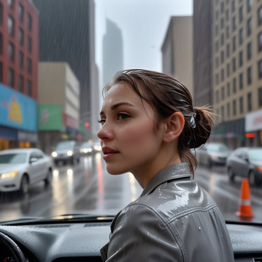 As the woman navigates her car through the city streets, she can feel the gentle patter of raindrops on the windshield. The rain is not too heavy, creating a soft drizzle that glistens in the muted sunlight. The urban landscape around her is painted in shades of gray, with rain-slicked streets reflecting the city's neon lights. In the distance, buildings rise against the overcast sky, their windows carrying a subtle glow from the hidden sun, giving the scene a touch of hope amidst the rainy realism.,nature,girl