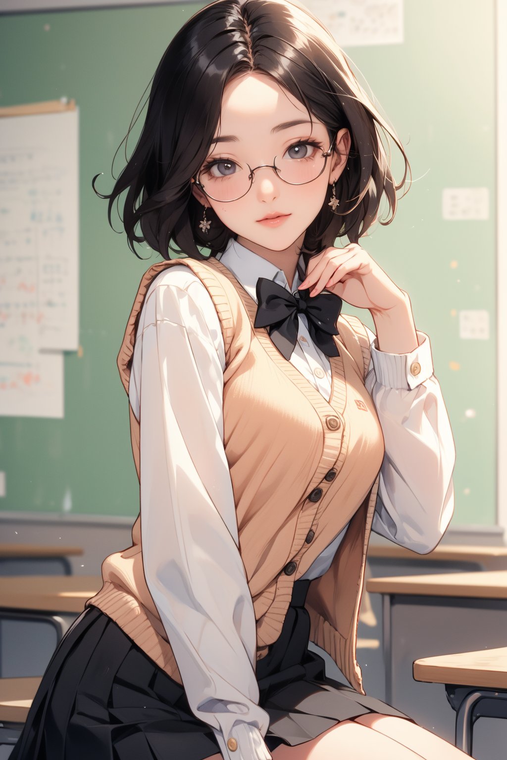 score_9, score_8_up, score_7_up, score_6_up,  oil painting, takahashi maya, solo, 1girl, short hair, black hair, black eyes, kawaii glassesm cardigan, kibito high school uniform, school uniform, skirt, sweater vest,, embarrassed smile, classroom background, blush