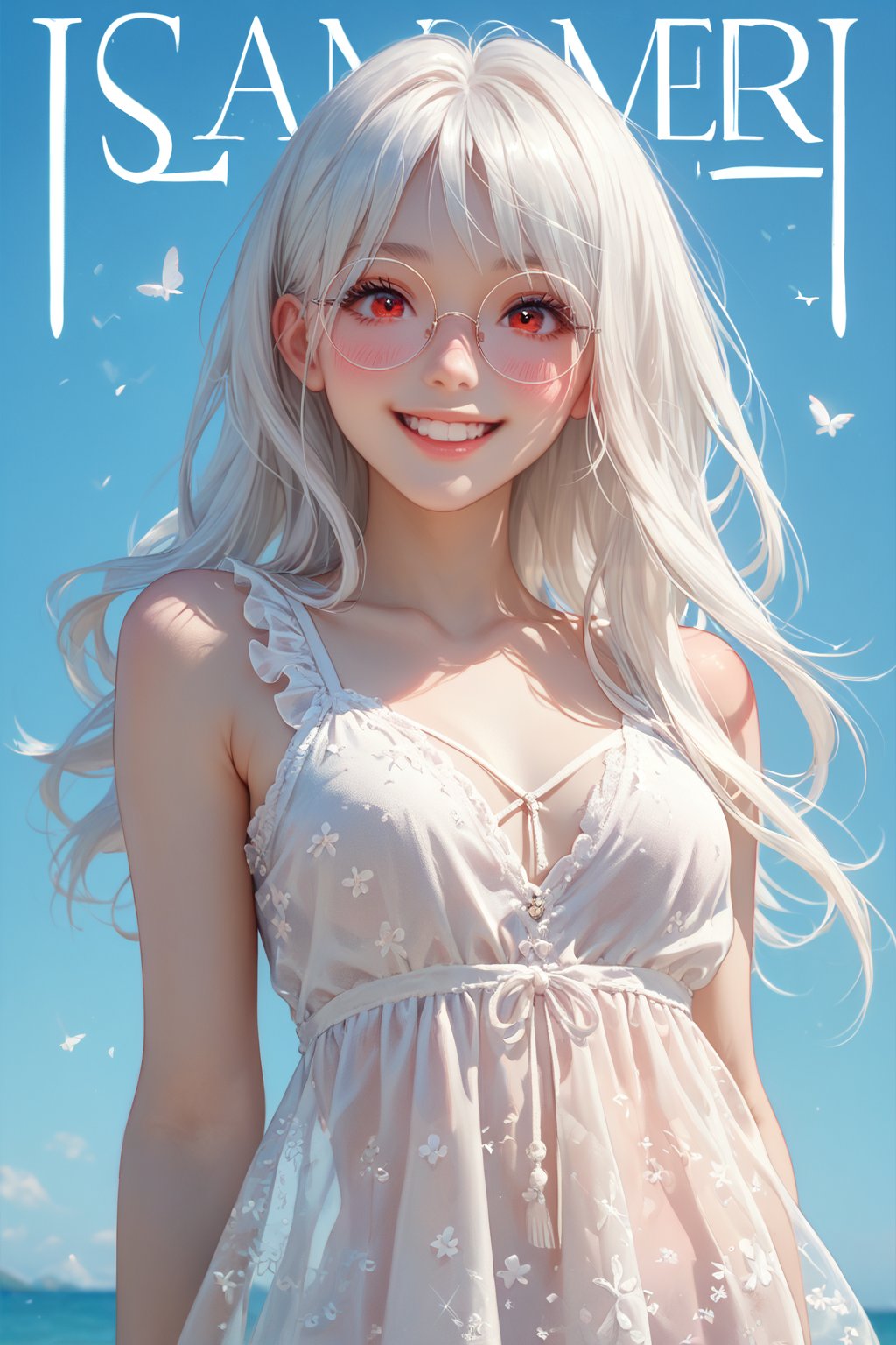 score_9, score_8_up, score_8, 1 girl, white hair, long hair, red eyes, round glasses, petite body, cute 20 year old girl, perfect body, small perky breasts, detailed body, cute face, happy, smiling, blushing, half body, wearing seethrough dress, summer dress, breasts visible,