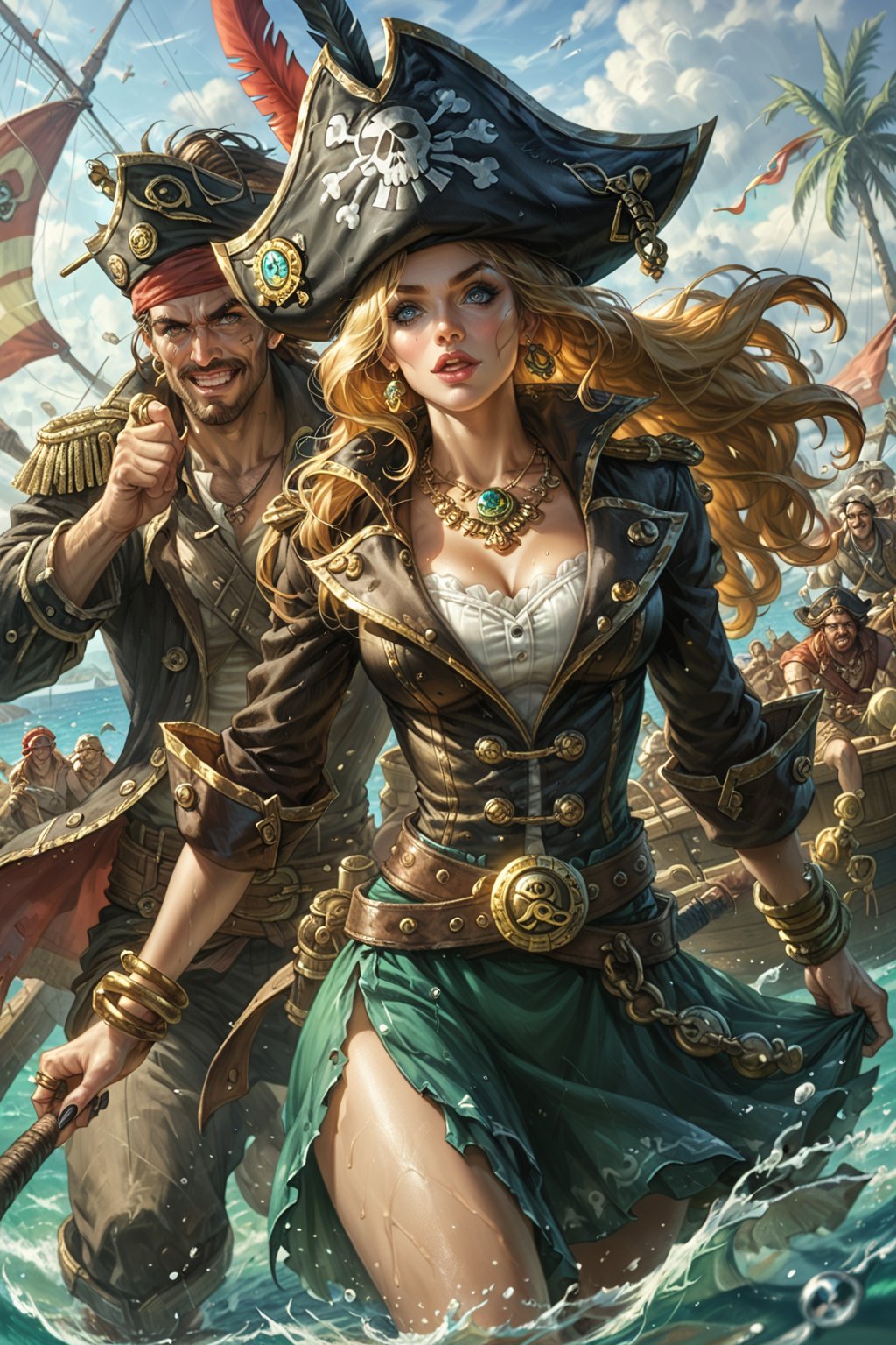 Pirate Adventure: Aboard a creaking, weathered ship sailing through stormy seas, she dresses as a fierce pirate queen, her outfit adorned with gold and jewels plundered from distant lands. Her crew respects her, but she only seeks the approval of the legendary pirate goddess who appears in the form of the tempest itself. Each battle and each treasure hunt is a test of her worth, as she balances between the thrill of adventure and the desire for the goddess's elusive favor.