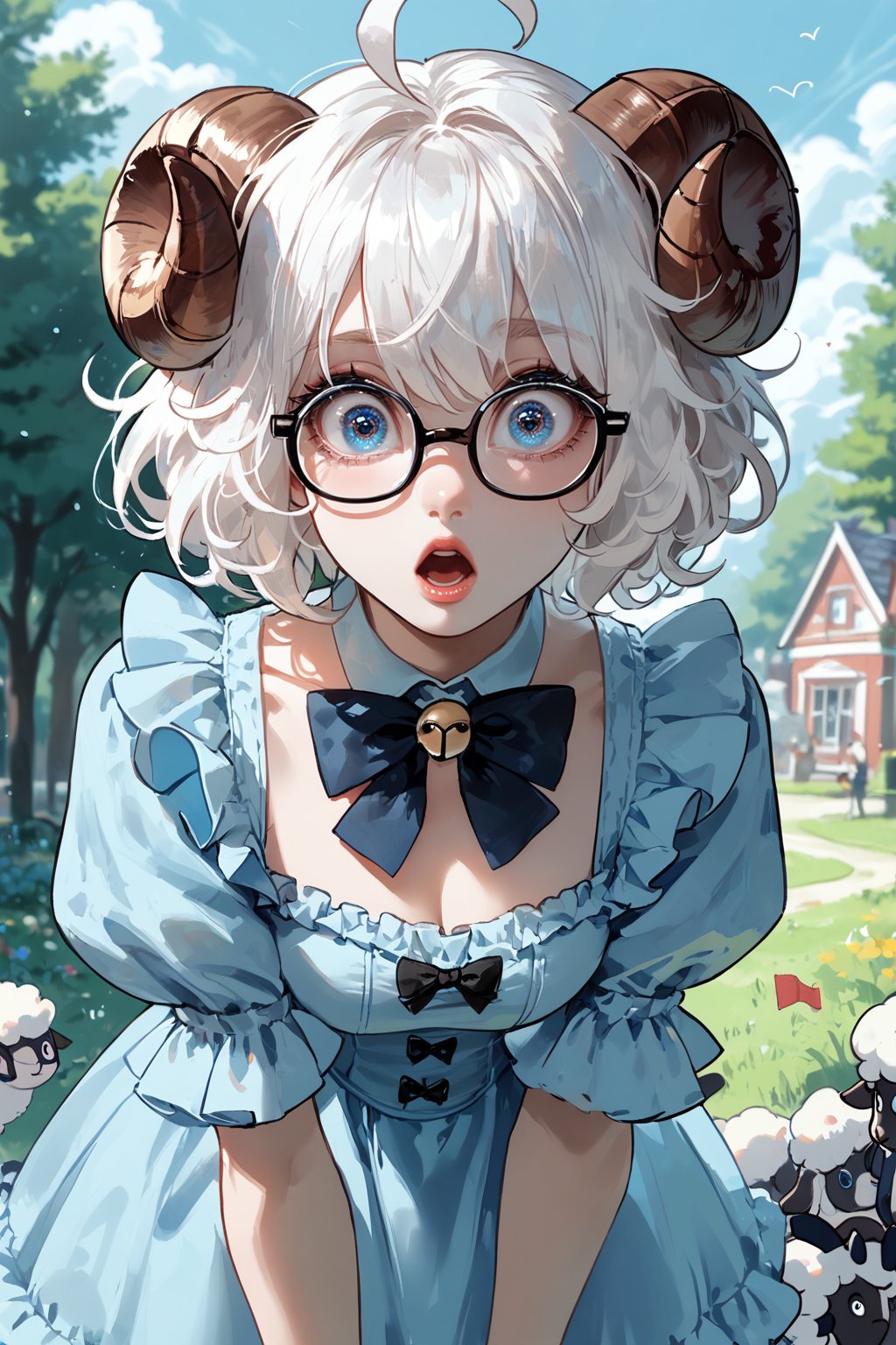 score_9, score_8_up, solo, 1girl,  big eyes, 1girl, blue eyes, white hair, short hair, ahoge, messy hair, sheep horns, sheep girl, bowtie, bowtie, light blue dress, frills, puffy sleeves, surprised, glasses, looking at the viewer, leaning forward, outdoors,Nyantcha style 