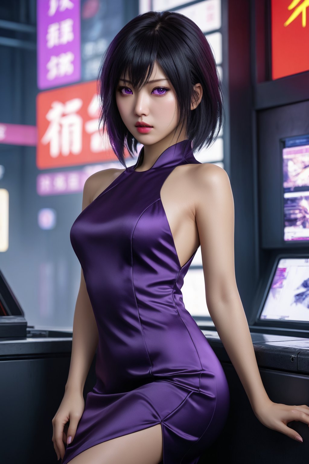 MASTERPIECE, BEST QUALITY, HIGH QUALITY, DIGITAL_ART, OCTANE, AWARD_WINNING, HIGHRES, REALISTIC, BEAUTIFUL, PERFECT COMPOSITION, INTRICATE DETAILS, ULTRA-DETAILED, 1girl, solo, (full_body_portrait:1.2), asian features, dark hair, sexy black silk dress, purple eyes, thin lips, delicate face, round face,Asian,Asian Girl,Asian Woman, light eyeshadow makeup, motoko2045, no expression, cyberpunk2077,china dress