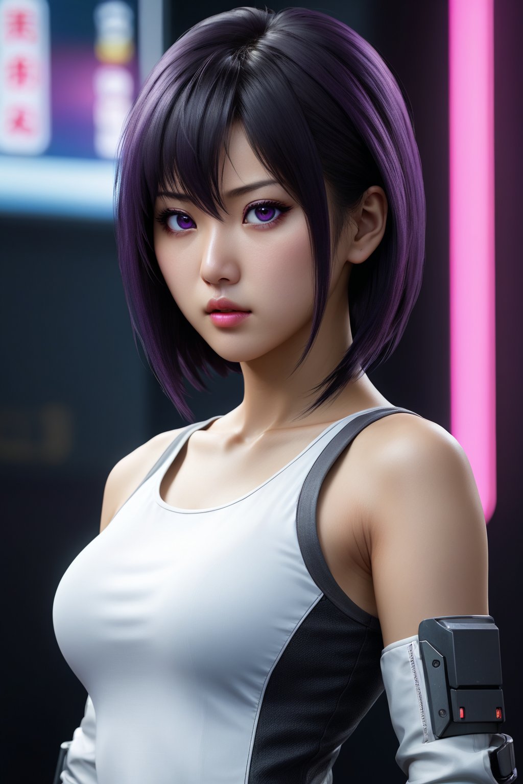 MASTERPIECE, BEST QUALITY, HIGH QUALITY, DIGITAL_ART, OCTANE, AWARD_WINNING, HIGHRES, REALISTIC, BEAUTIFUL, PERFECT COMPOSITION, INTRICATE DETAILS, ULTRA-DETAILED, 1girl, rating:safe, solo, (full_body_portrait:1.2), asian features, dark hair, slim white top, purple eyes, thin lips, delicate face, round face,Asian,Asian Girl,Asian Woman, light eyeshadow makeup, motoko2045, no expression, cyberpunk2077