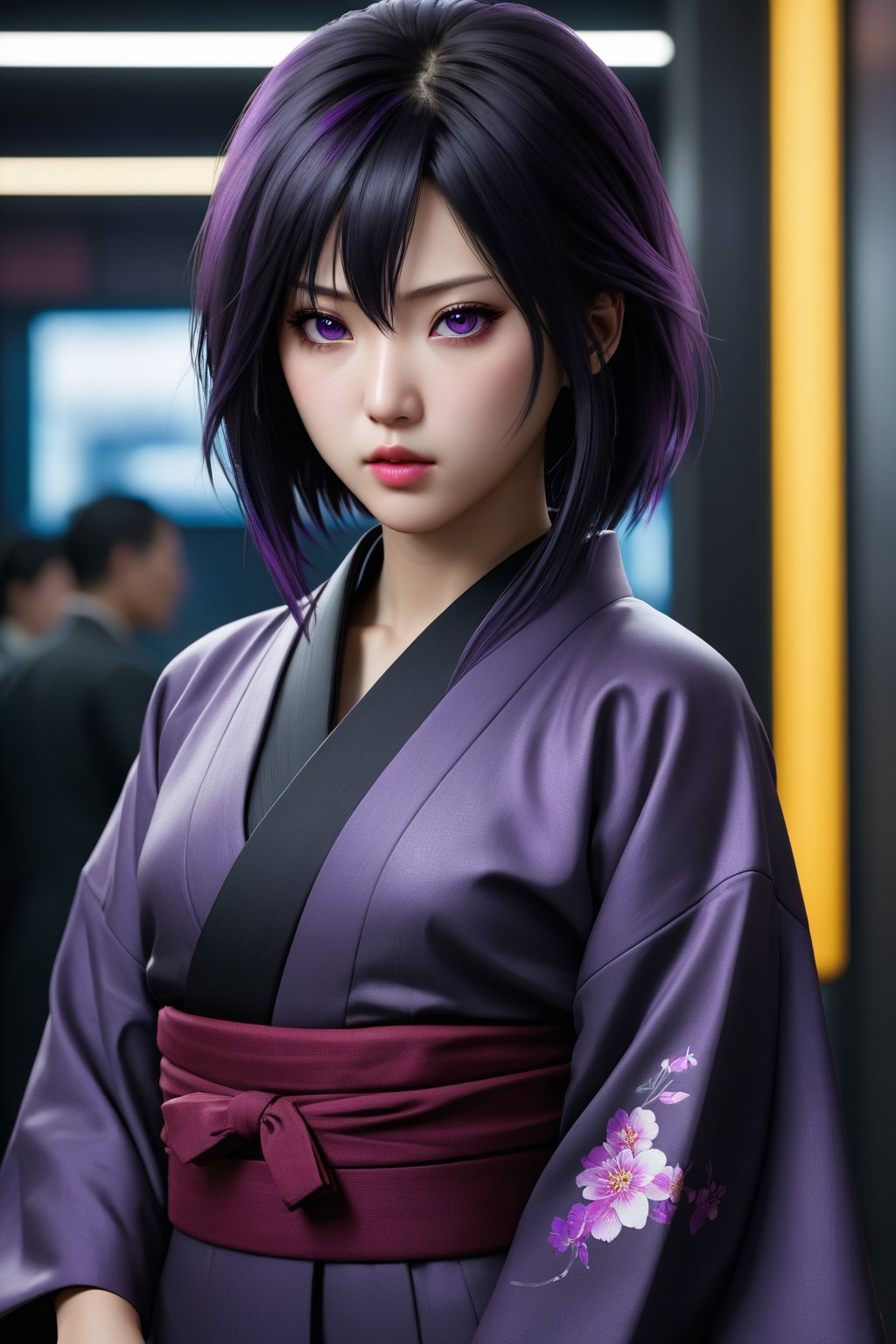 MASTERPIECE, BEST QUALITY, HIGH QUALITY, DIGITAL_ART, OCTANE, AWARD_WINNING, HIGHRES, REALISTIC, BEAUTIFUL, PERFECT COMPOSITION, INTRICATE DETAILS, ULTRA-DETAILED, 1girl, solo, (full_body_portrait:1.2), asian features, dark hair, Black kimono, purple eyes, thin lips, delicate face, round face,Asian,Asian Girl,Asian Woman, light eyeshadow makeup, motoko2045, no expression, cyberpunk2077,