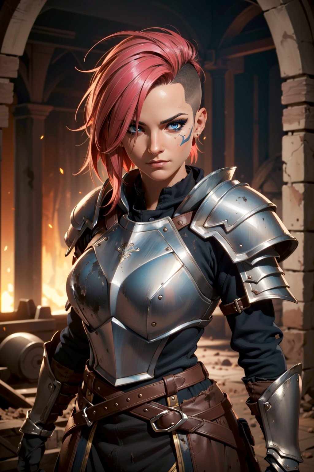 (16k ultra high definition, perfect face, photorealistic:1.5, photo, masterpiece, realistic, realism, photorealism, high contrast, detailed, skin texture, hyper detailed, realistic skin texture, facial features, best quality, ultra high res, high resolution, detailed), Woman, (celtic face paint:1.3, pink hair with black roots, neutral expression, buzz cut), sholder armor, breast_plate, hip armor, brown leather gloves, ragged cloak:1.5,medieval armor, hip armor plates, (Dirty ragged clothes:1.5), battle, mud, ripped_clothing, Blue eyes, holding gladius
