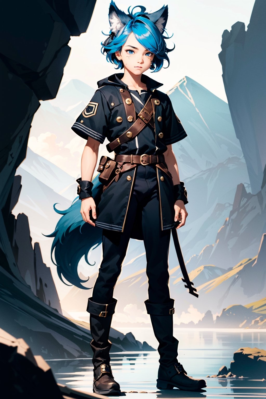 16k ultra high definition, perfect face, Hair, photorealistic, photo, masterpiece, realistic, realism, photorealism, high contrast, detailed, skin texture, hyper detailed, realistic skin texture, facial features, best quality, ultra high res, high resolution, detailed, young boy, bright blue hair, wolf ears, wolf tail, full body, round face, androg, androgynous, blue eyes, Nature, single mountain landscape,1boy,Femboy, commoner clothes, short sleeves, boots