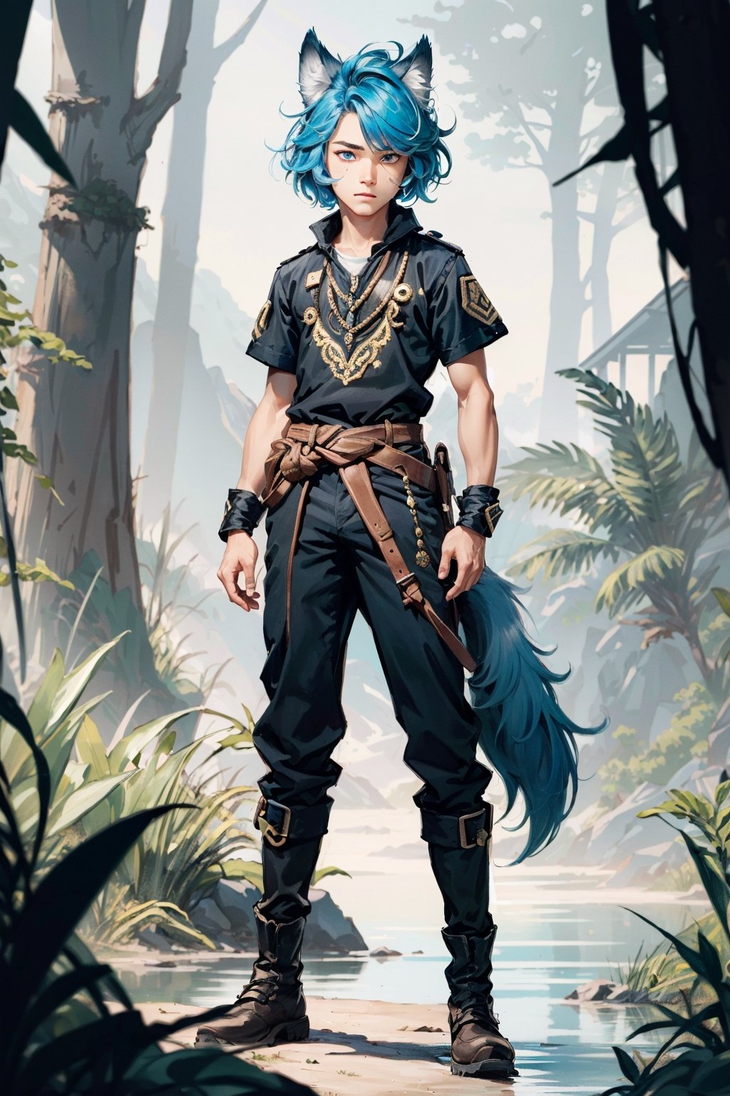 16k ultra high definition, perfect face, Hair, photorealistic, photo, masterpiece, realistic, realism, photorealism, high contrast, detailed, skin texture, hyper detailed, realistic skin texture, facial features, best quality, ultra high res, high resolution, detailed, young boy, bright blue hair, wolf ears, (wolf tail:1.15), full body, round face,  androgynous, blue eyes, Nature, pine forest,1boy,Femboy, commoner clothes, short sleeves, boots, trousers, female arms
