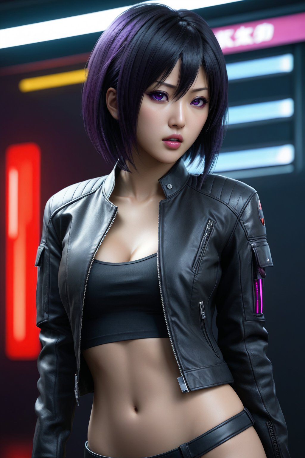 MASTERPIECE, BEST QUALITY, HIGH QUALITY, DIGITAL_ART, OCTANE, AWARD_WINNING, HIGHRES, REALISTIC, BEAUTIFUL, PERFECT COMPOSITION, INTRICATE DETAILS, ULTRA-DETAILED, 1girl, rating:safe, solo, (full_body_portrait:1.2), asian features, dark hair, (black leather jacket:1.1), slim white top beneath, purple eyes, thin lips, delicate face, round face,Asian,Asian Girl,Asian Woman, light eyeshadow makeup, motoko2045, no expression, cyberpunk2077, exposed belly