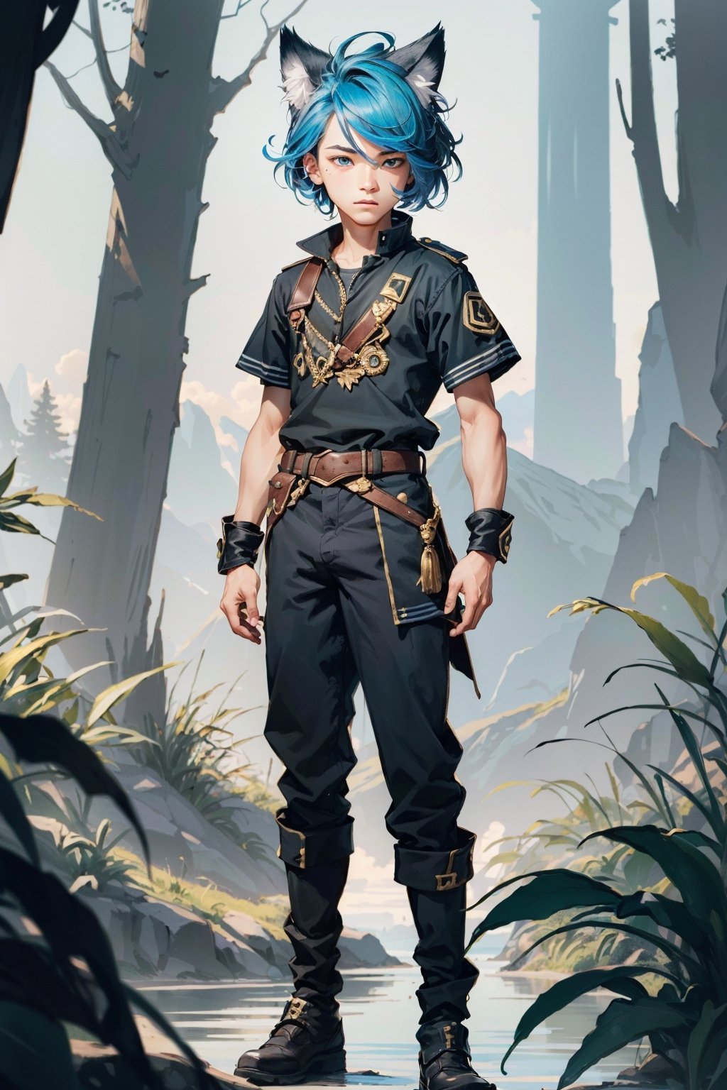16k ultra high definition, perfect face, Hair, photorealistic, photo, masterpiece, realistic, realism, photorealism, high contrast, detailed, skin texture, hyper detailed, realistic skin texture, facial features, best quality, ultra high res, high resolution, detailed, young boy, bright blue hair, wolf ears, wolf tail, full body, round face,  androgynous, blue eyes, Nature, pine forest,1boy,Femboy, commoner clothes, short sleeves, boots, trousers