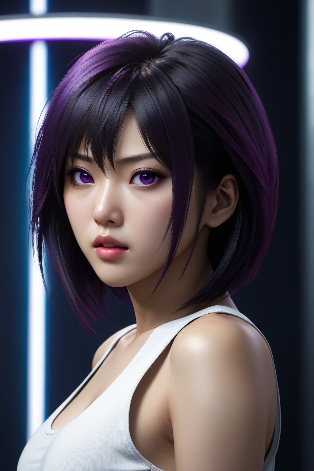 MASTERPIECE, BEST QUALITY, HIGH QUALITY, DIGITAL_ART, OCTANE, AWARD_WINNING, HIGHRES, REALISTIC, BEAUTIFUL, PERFECT COMPOSITION, INTRICATE DETAILS, ULTRA-DETAILED, 1girl, rating:safe, solo, (full_body_portrait:1.2), asian features, dark hair, slim white top, purple eyes, thin lips, delicate face, round face,Asian,Asian Girl,Asian Woman, light eyeshadow makeup, motoko2045, no expression, cyberpunk2077