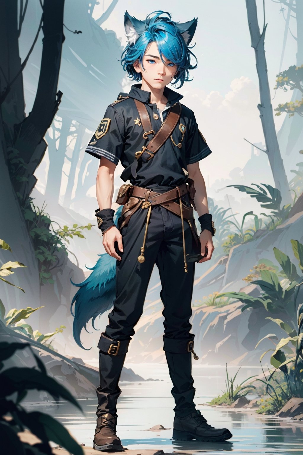 16k ultra high definition, perfect face, Hair, photorealistic, photo, masterpiece, realistic, realism, photorealism, high contrast, detailed, skin texture, hyper detailed, realistic skin texture, facial features, best quality, ultra high res, high resolution, detailed, young boy, bright blue hair, wolf ears, (wolf tail:1.15), full body, round face,  androgynous, blue eyes, Nature, pine forest,1boy,Femboy, commoner clothes, short sleeves, boots, trousers