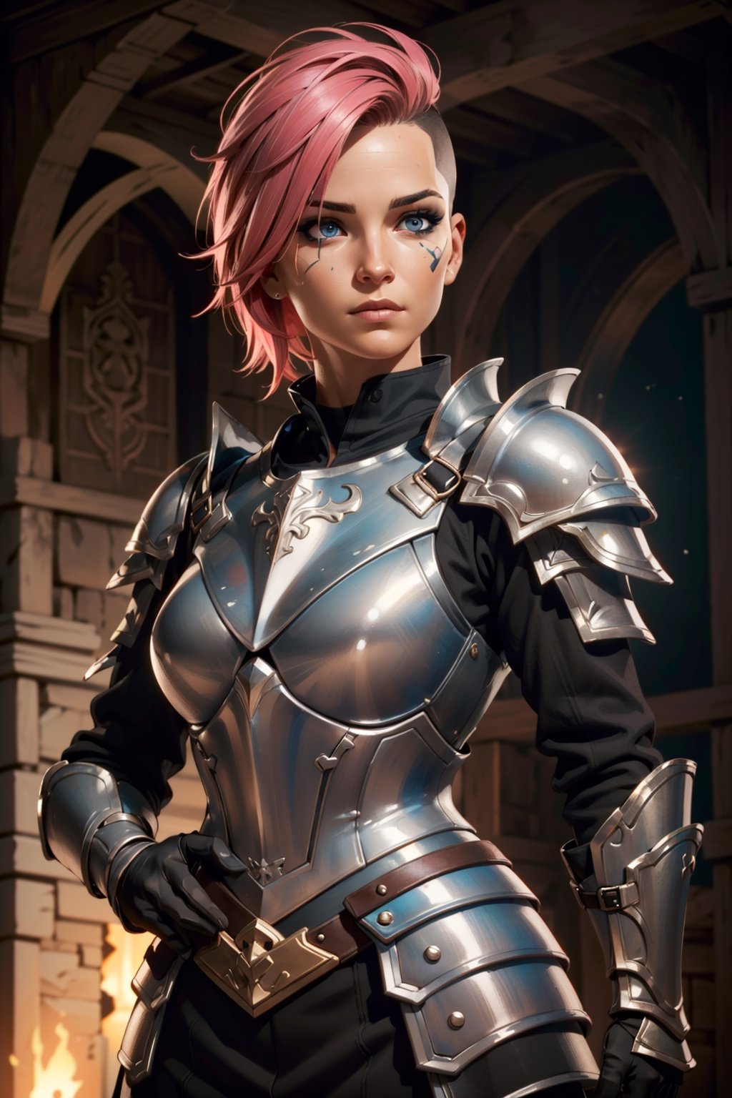 (16k ultra high definition, perfect face, photorealistic:1.5, photo, masterpiece, realistic, realism, photorealism, high contrast, detailed, skin texture, hyper detailed, realistic skin texture, facial features, best quality, ultra high res, high resolution, detailed), Woman, Blue eyes, (celtic face paint:1.3, pink hair with black roots, neutral expression, buzz cut), (small spaulders, metal breast_plate:1.5, hip armor plates), gloves, medieval armor, battle, dirty