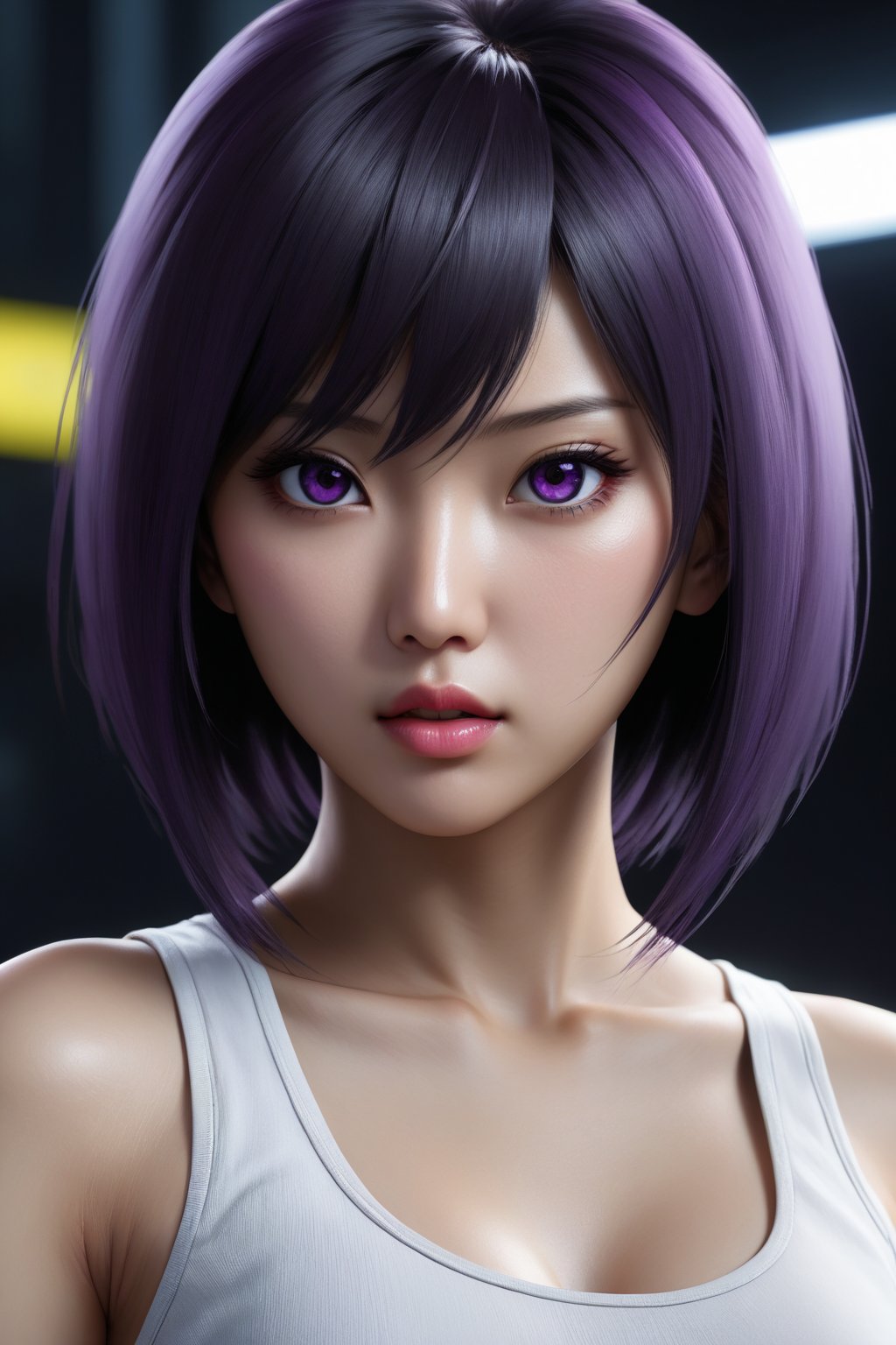 MASTERPIECE, BEST QUALITY, HIGH QUALITY, DIGITAL_ART, OCTANE, AWARD_WINNING, HIGHRES, REALISTIC, BEAUTIFUL, PERFECT COMPOSITION, INTRICATE DETAILS, ULTRA-DETAILED, 1girl, rating:safe, solo, (full_body_portrait:1.2), asian features, dark hair, slim white top, purple eyes, thin lips, delicate face, round face,Asian,Asian Girl,Asian Woman, light eyeshadow makeup, motoko2045, no expression, cyberpunk2077